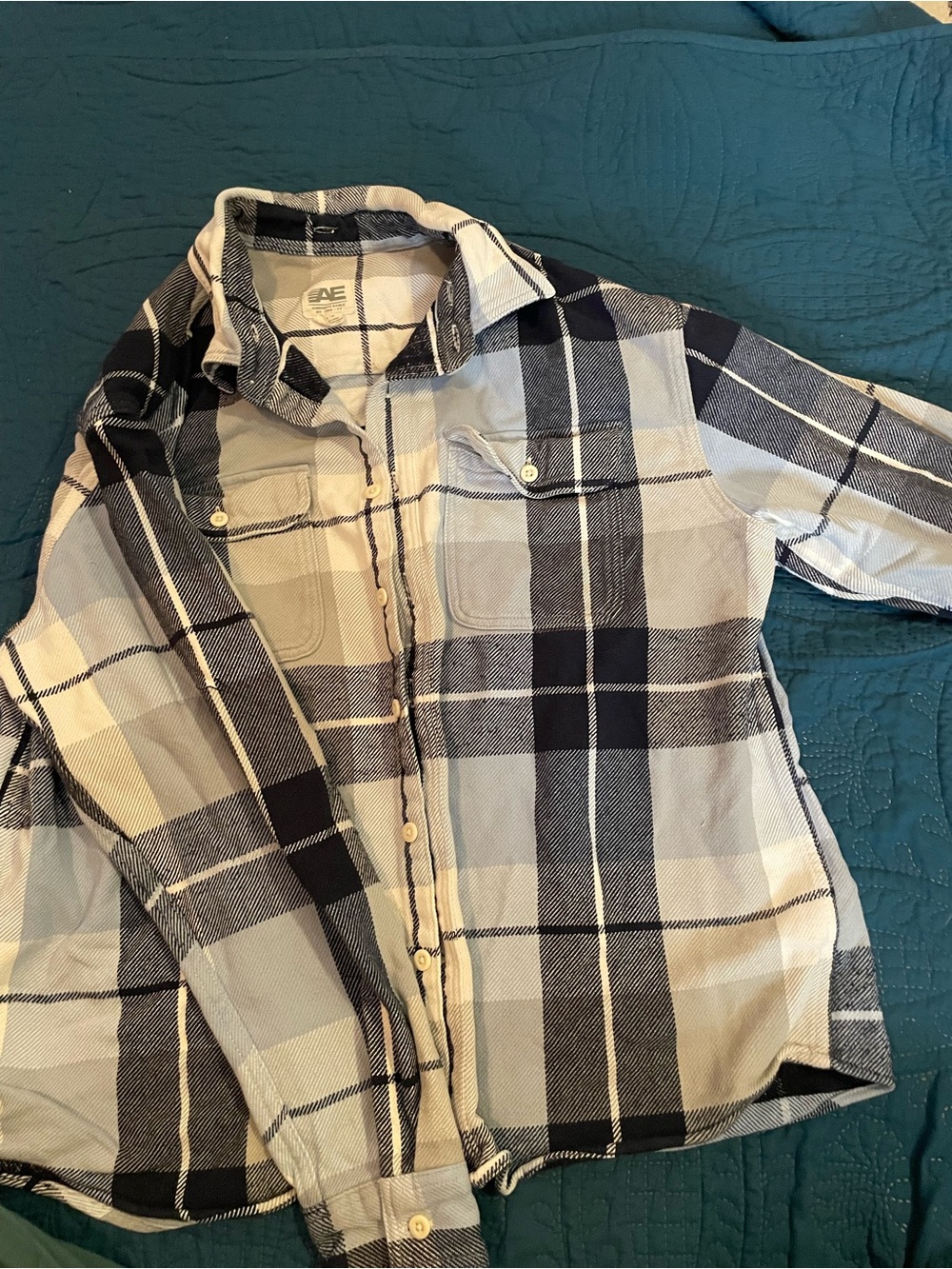 American Eagle Outfitters Black & White Plaid Button-Down Shirt
